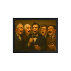 US Presidents singing karaoke framed print on a plain backdrop in size 12"x16".