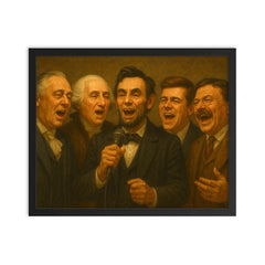 US Presidents singing karaoke framed print on a plain backdrop in size 16"x20".