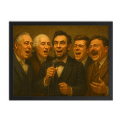 US Presidents singing karaoke framed print on a plain backdrop in size 18"x24".