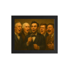 US Presidents singing karaoke framed print on a plain backdrop in size 8"x10".