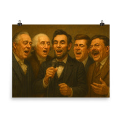 US Presidents singing karaoke poster on a plain backdrop in size 8"x10".