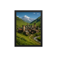 Ushguli Svan Towers Georgia framed print on a plain backdrop in size 12"x16".
