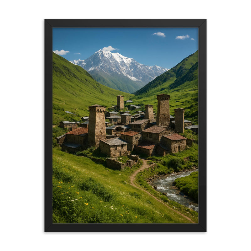 Ushguli Svan Towers Georgia framed print on a plain backdrop in size 18