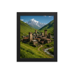 Ushguli Svan Towers Georgia framed print on a plain backdrop in size 8"x10".