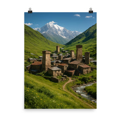Ushguli Svan Towers Georgia poster on a plain backdrop in size 8"x10".
