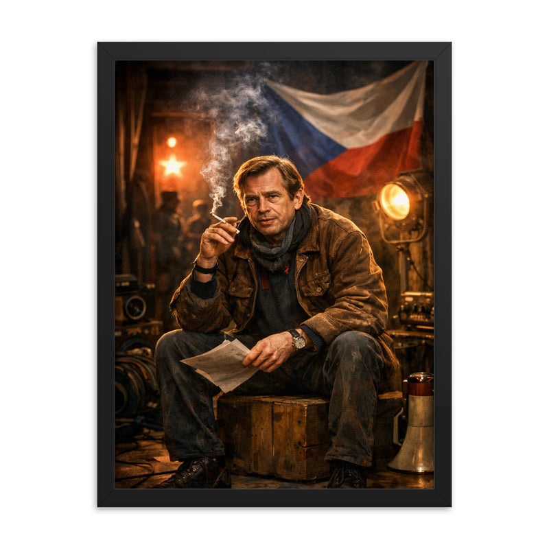 Vaclav Havel backstage before Velvet Revolution speech framed print on a plain backdrop in size 18
