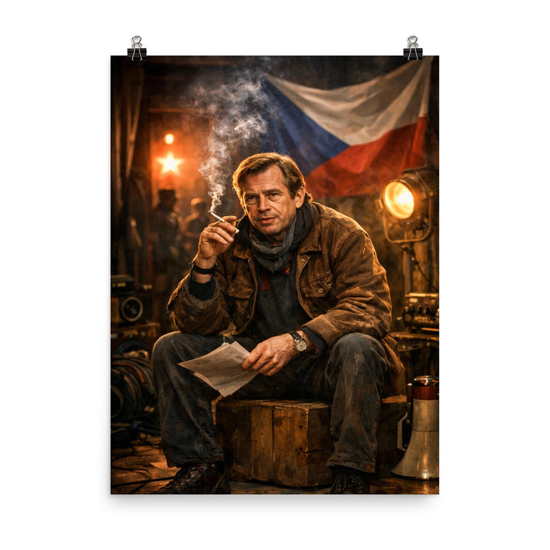 Vaclav Havel backstage before Velvet Revolution speech poster on a plain backdrop in size 8