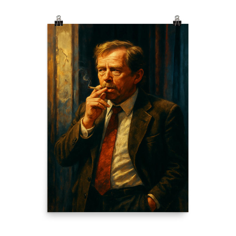 Vaclav Havel backstage before velvet speech poster on a plain backdrop in size 8