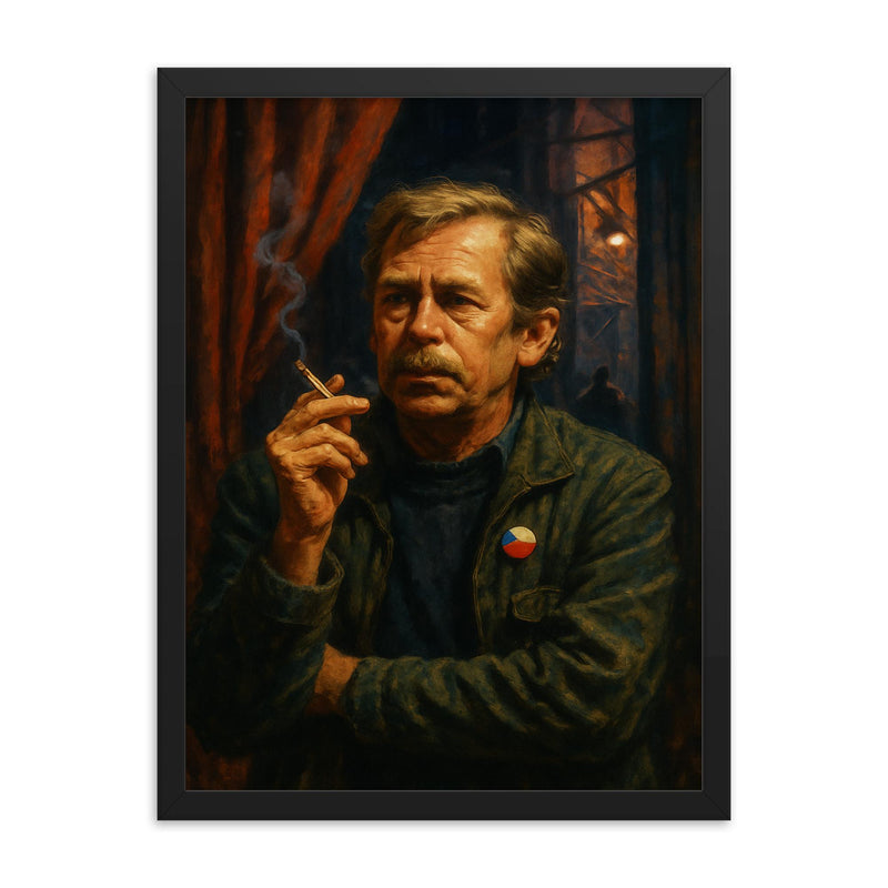 Vaclav Havel backstage during Velvet Revolution framed print on a plain backdrop in size 18