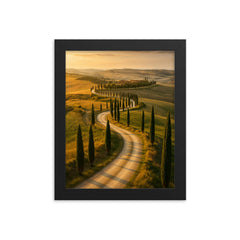 Val d'Orcia Cypress Roads Italy framed print on a plain backdrop in size 8"x10".
