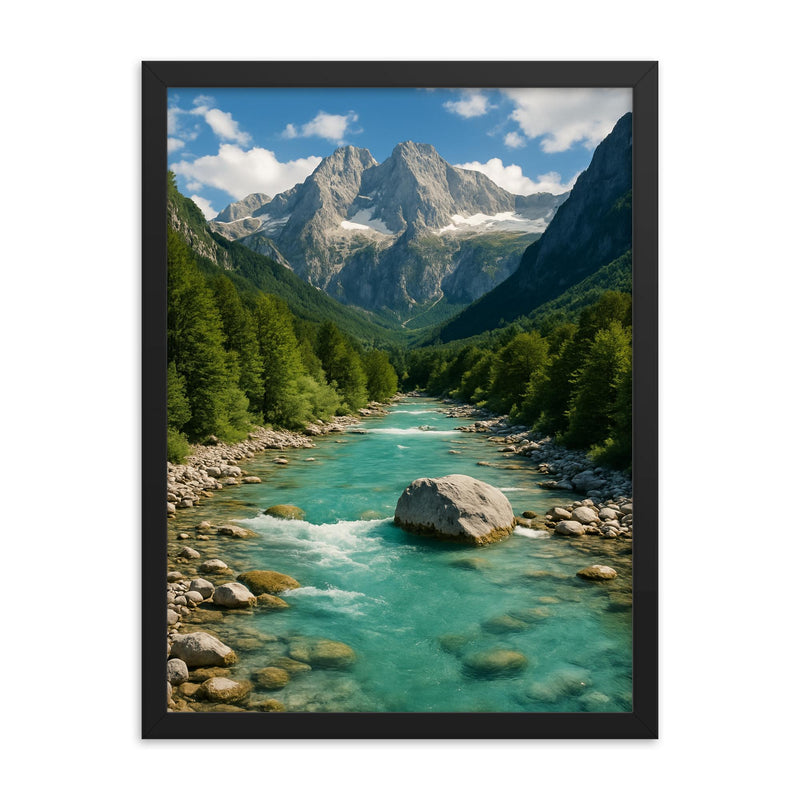 Valbona Valley National Park Albania framed print on a plain backdrop in size 18