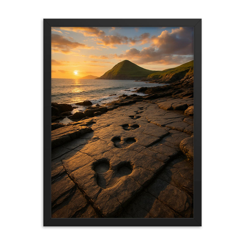Valentia Island Tetrapod Trackway Ireland framed print on a plain backdrop in size 18