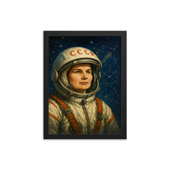 Valentina Tereshkova among stars and mission schematics framed print on a plain backdrop in size 12"x16".