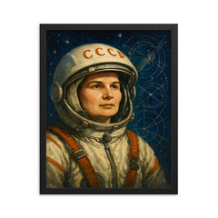 Valentina Tereshkova among stars and mission schematics framed print on a plain backdrop in size 16"x20".