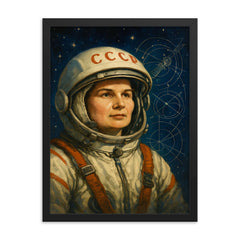 Valentina Tereshkova among stars and mission schematics framed print on a plain backdrop in size 18"x24".