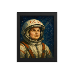 Valentina Tereshkova among stars and mission schematics framed print on a plain backdrop in size 8"x10".