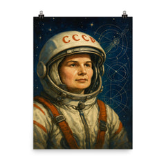 Valentina Tereshkova among stars and mission schematics poster on a plain backdrop in size 8"x10".
