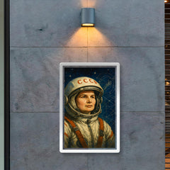 Valentina Tereshkova among stars and mission schematics poster 2