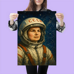 Valentina Tereshkova among stars and mission schematics poster 3