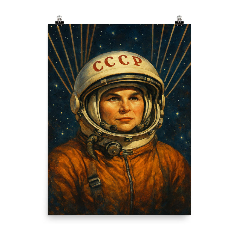 Valentina Tereshkova among stars and parachute cords poster on a plain backdrop in size 8