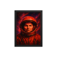 Valentina Tereshkova helmet in cosmic red framed print on a plain backdrop in size 12"x16".
