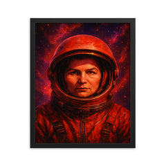 Valentina Tereshkova helmet in cosmic red framed print on a plain backdrop in size 16"x20".