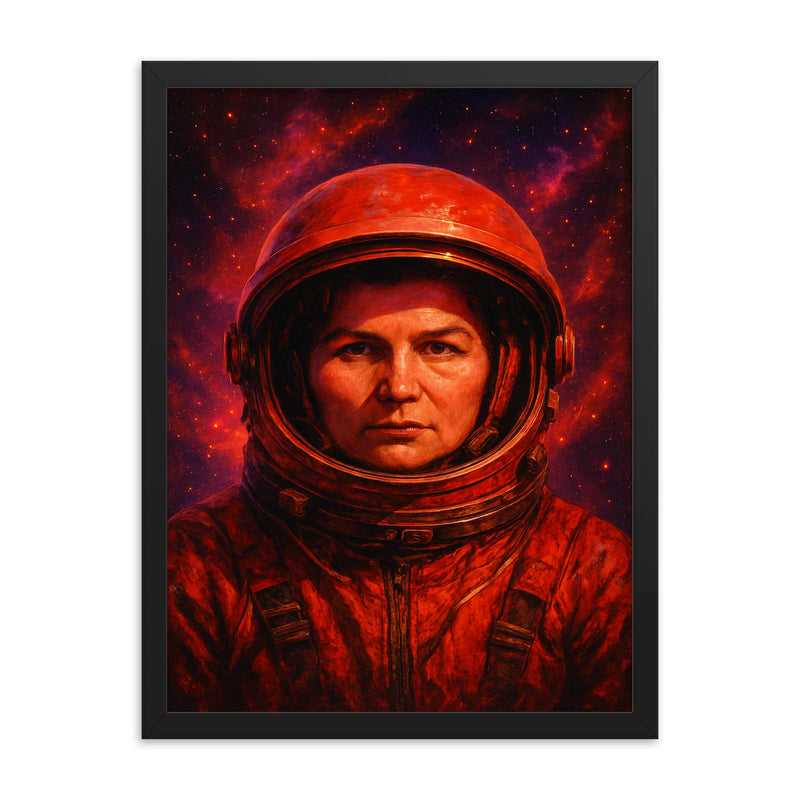 Valentina Tereshkova helmet in cosmic red framed print on a plain backdrop in size 18