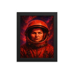 Valentina Tereshkova helmet in cosmic red framed print on a plain backdrop in size 8"x10".