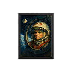 Valentina Tereshkova in orbit window reflection framed print on a plain backdrop in size 12"x16".