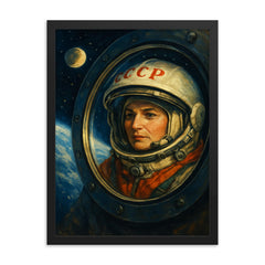 Valentina Tereshkova in orbit window reflection framed print on a plain backdrop in size 18"x24".