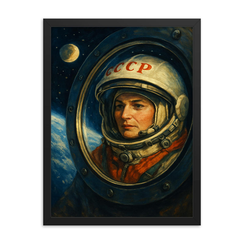 Valentina Tereshkova in orbit window reflection framed print on a plain backdrop in size 18