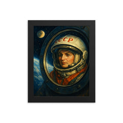 Valentina Tereshkova in orbit window reflection framed print on a plain backdrop in size 8"x10".