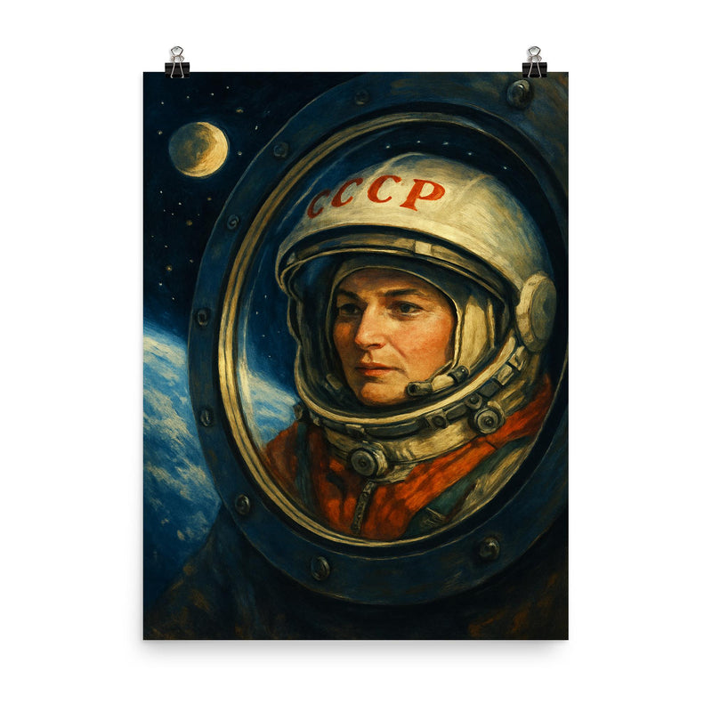 Valentina Tereshkova in orbit window reflection poster on a plain backdrop in size 8