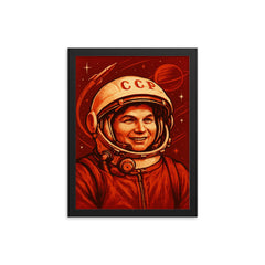Valentina Tereshkova in Soviet cosmic red framed print on a plain backdrop in size 12"x16".