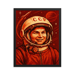 Valentina Tereshkova in Soviet cosmic red framed print on a plain backdrop in size 16"x20".