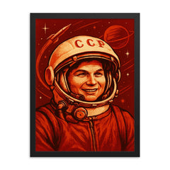 Valentina Tereshkova in Soviet cosmic red framed print on a plain backdrop in size 18"x24".