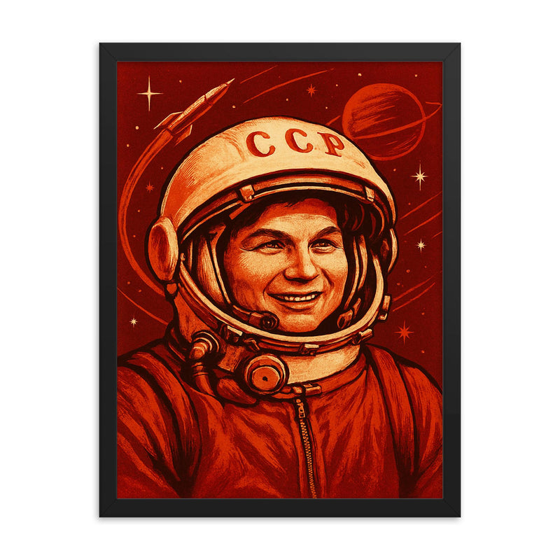 Valentina Tereshkova in Soviet cosmic red framed print on a plain backdrop in size 18