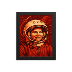Valentina Tereshkova in Soviet cosmic red framed print on a plain backdrop in size 8"x10".
