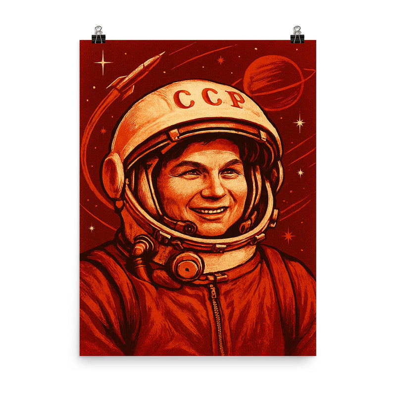 Valentina Tereshkova in Soviet cosmic red poster on a plain backdrop in size 8