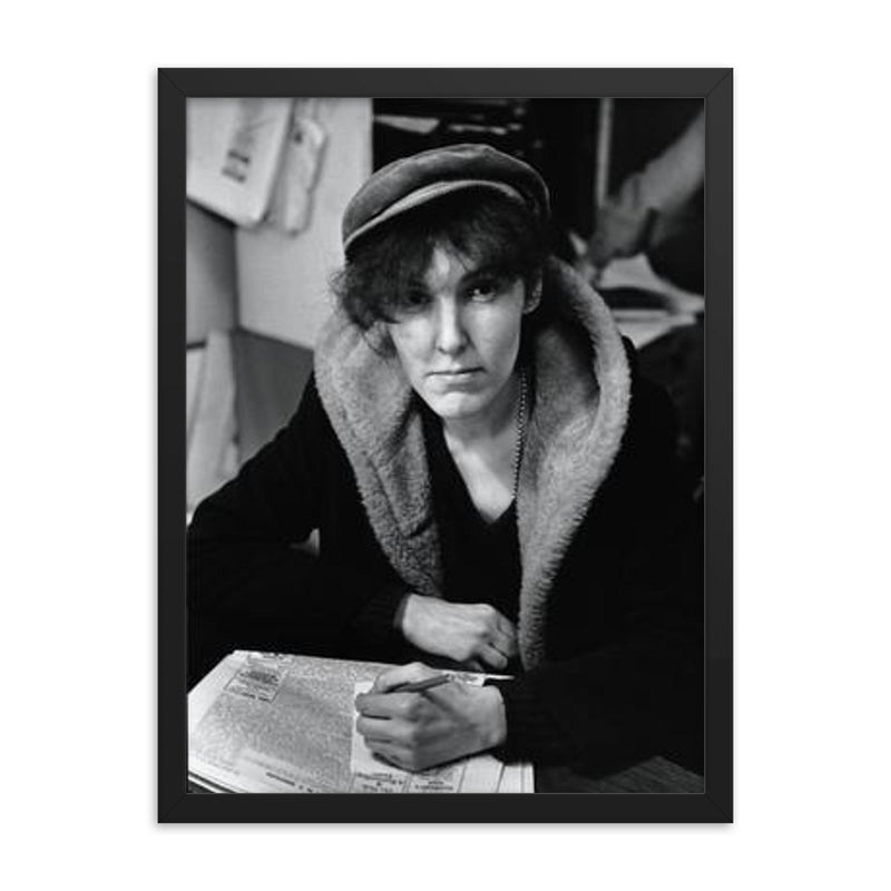 Valerie Solanas framed print on a plain backdrop in size 18