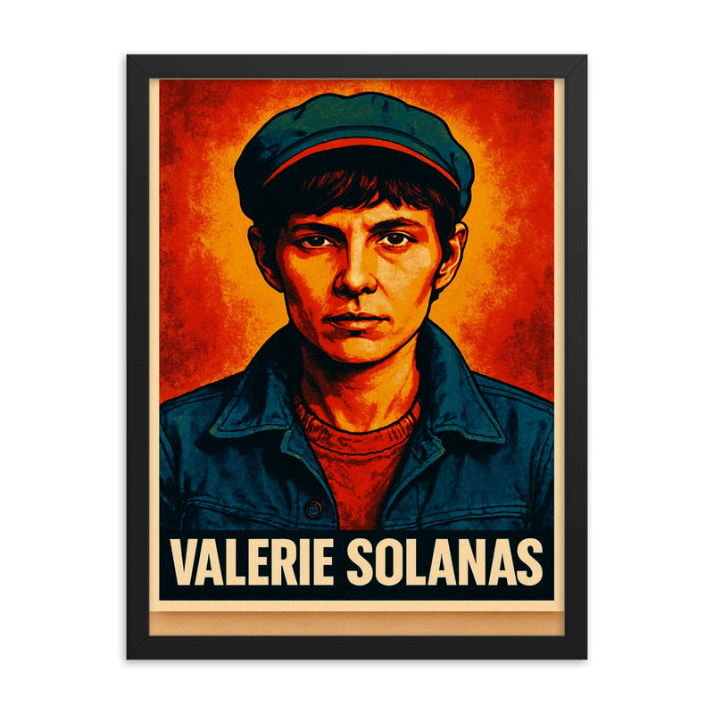 Valerie Solanas framed print on a plain backdrop in size 18