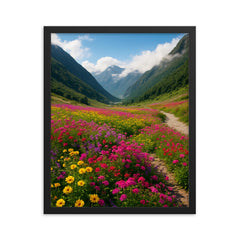 Valley of Flowers India framed print on a plain backdrop in size 16"x20".