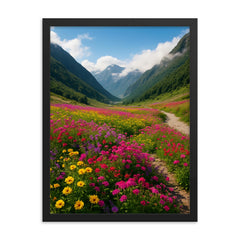 Valley of Flowers India framed print on a plain backdrop in size 18"x24".