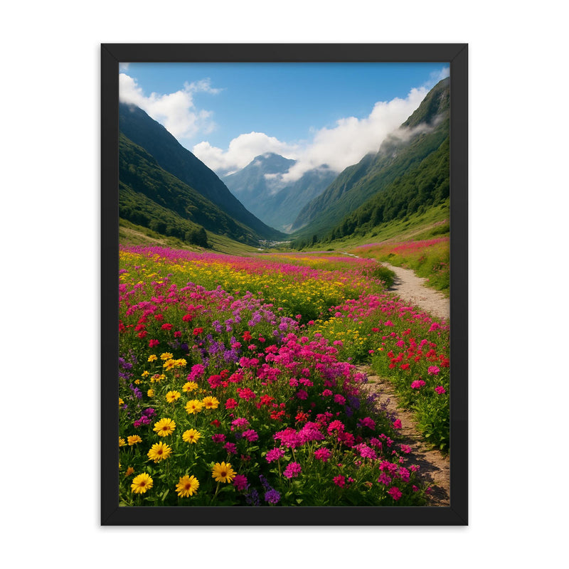 Valley of Flowers India framed print on a plain backdrop in size 18