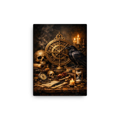 Vanitas still life with astrolabe and raven canvas print on a plain backdrop in size 12"x16".