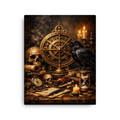 Vanitas still life with astrolabe and raven canvas print on a plain backdrop in size 16"x20".