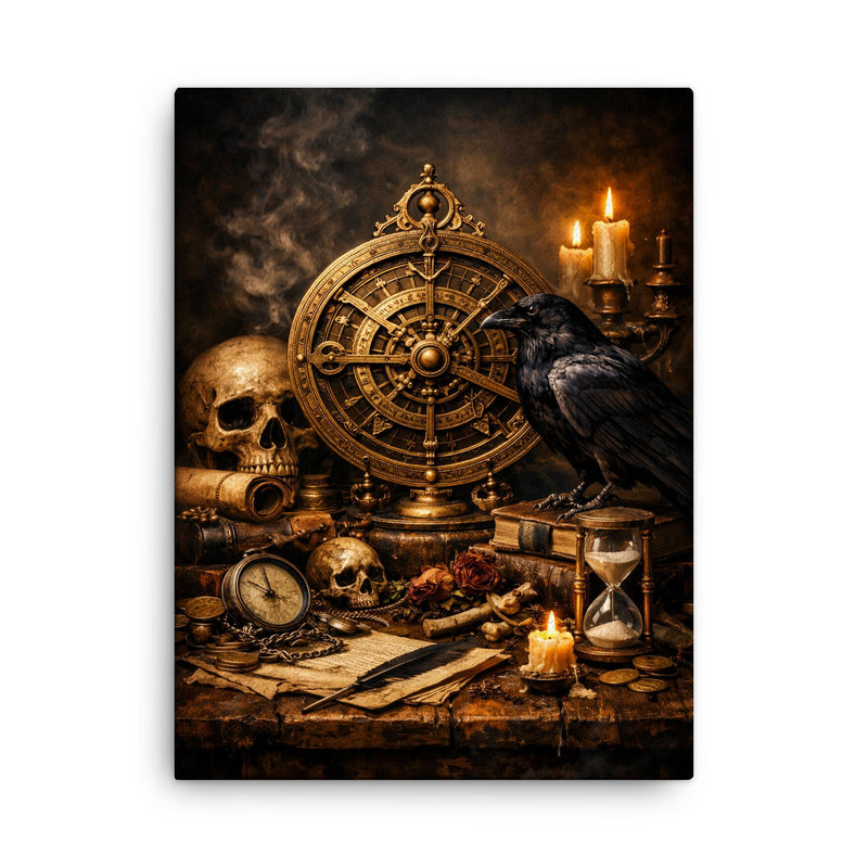 Vanitas still life with astrolabe and raven canvas print on a plain backdrop in size 18