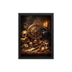 Vanitas still life with astrolabe and raven framed print on a plain backdrop in size 12"x16".