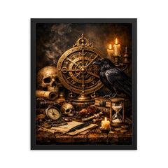 Vanitas still life with astrolabe and raven framed print on a plain backdrop in size 16"x20".