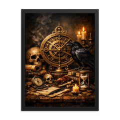 Vanitas still life with astrolabe and raven framed print on a plain backdrop in size 18"x24".